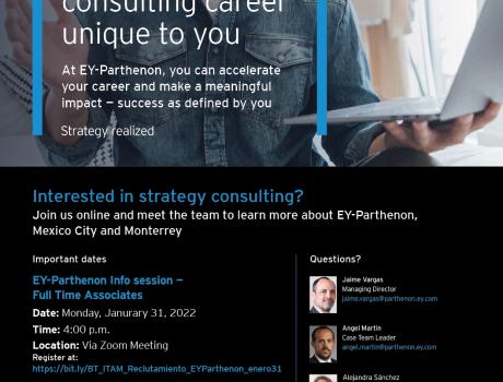 Póster Career Services del ITAM invita a la sesión de reclutamiento remota de EY Parthenon Póster Career Services del ITAM invita a la sesión de reclutamiento remota de EY Parthenon