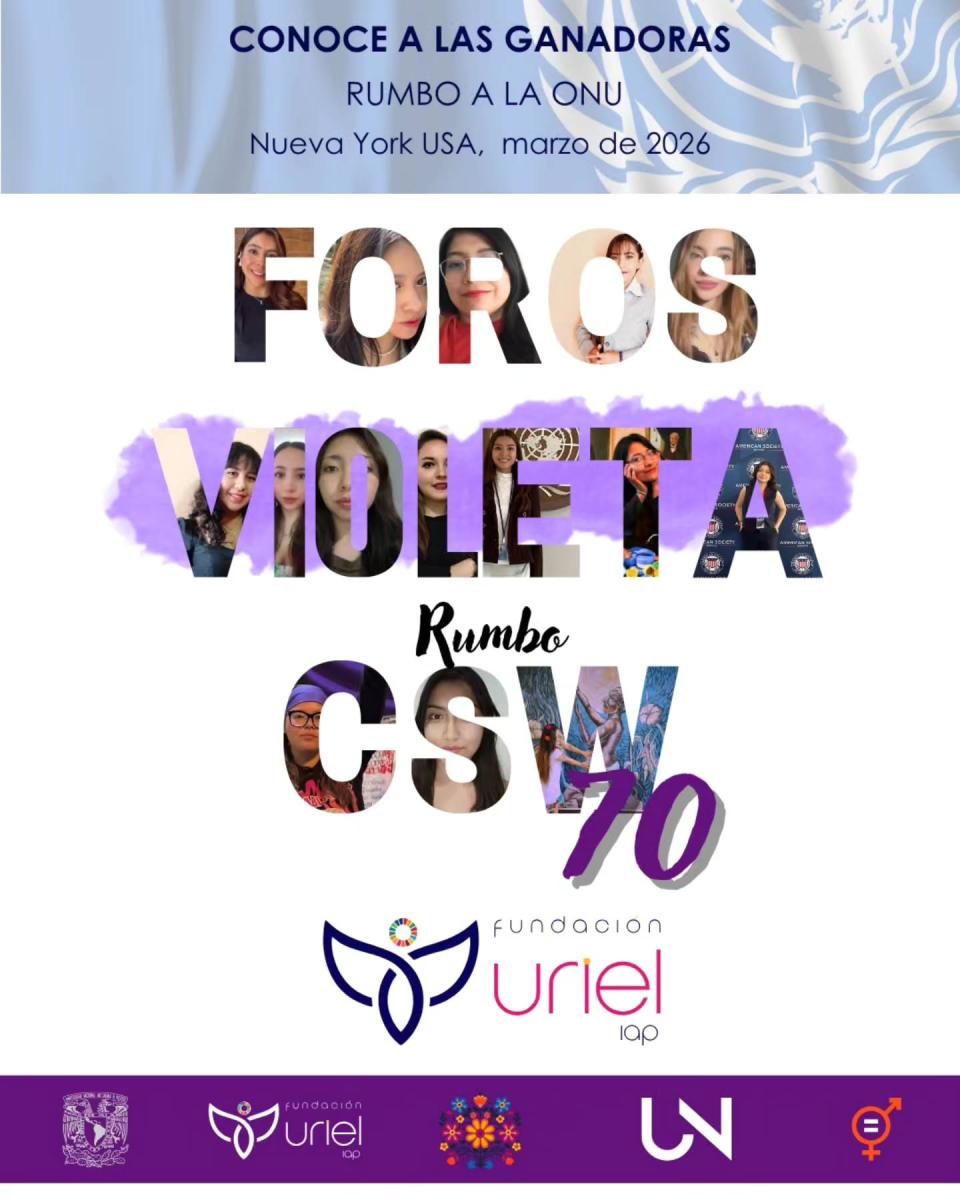 Cartel que anuncia a las ganadoras rumbo a la ONU 2026, con el título ‘Foros Violeta Rumbo CSW70’ y logo de la Fundación Uriel