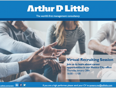 Póster Career Services del ITAM invita a la sesión de reclutamiento remota de Arthur D. Little 