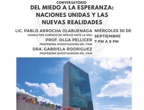 Póster Conversatorio "Del miedo a la esperanza: Naciones Unidas y las nuevas realidades"