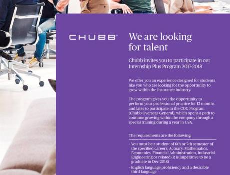 Bolsa de Trabajo invita a la presentación de Internship Plus Program de Chubb Seguros