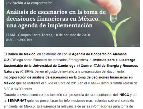 Invitación conferencia Análisis de escenarios en la toma de decisiones financieras en México: una agenda de implementación